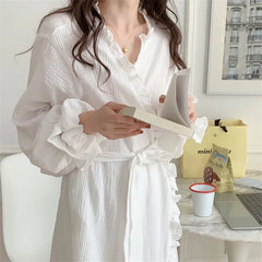 LIZAKOSHT - Cotton Bathrobe Women Ruffles Long Sleeve Korean Sweet Kimono Robe Elegant Spa Lady Spring Autumn Home Dressing Gown Pajamas