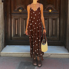 LIZAKOSHT - Polka Dot Print Sexy Long Dress Vintage Backless Hight Waist Draped Party Dresses Women's V-Neck Sleeveless Suspender Dress