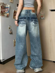 LIZAKOSHT  -  Y2K Vintage Lightning Pattern Blue Washed Jeans Women Streetwear Hip Hop Loose Casual Fashion High Waist Straight Wide Leg Jeans