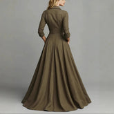 LIZAKOSHT - European American Women Dresses Retro Turndown Collar Pocket Long Dress Autumn Single Breasted Long Sleeve A-Line Street Dress