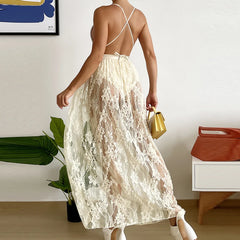 LIZAKOSHT - Women Deep V Neck Backless Bandage Cross One Piece Swimsuit Lady Beach Swim Sexy Lace Transparent Skirts & Bodysuit Bikini Set