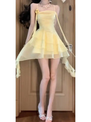 LIZAKOSHT - Japan Woman's Sexy Dress Yellow Square Collar Sleeveless Backless Summer Dresses Woman Trendy New