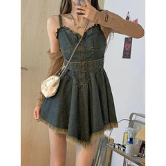 LIZAKOSHT - Pure Desire Style Belted Denim Mini Dress Women Vintage Irregular Tassel Spaghetti Strap Denim Dress Streetwear A-Line Tunic Ves