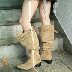 LIZAKOSHT - Wasteland Vintage Suede Wide Legs Cowboy Boots Women Retro y2k Western Boots Belt Strap Knee High Boots Shoes Square Heels