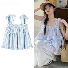 LIZAKOSHT - Women's Off-sholuder Sleeveless Straps Lace-up Loose Striped Camisole Summer Seaside Resort Style Suspender Tops Female Clothing