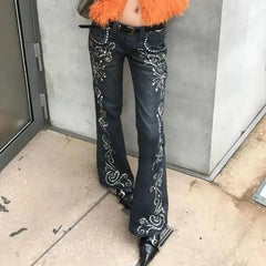 LIZAKOSHT - American Jeans Hot Girl Printed Gem Pattern Women New Design Micro-Flared Floor-Length Trousers