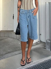 LIZAKOSHT  -  Denim Solid Casual Shorts Women Wide Leg High Wwaist Buggy Straight Short Jeans Female 2025 Summer Street Pocket Zipper Pants