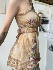 LIZAKOSHT - Vintage Print Ruffles Camisole y2k Aesthetic A Line Tie-up Tops for Women Summer Holiday Tank Top Cute Kawaii Clothes