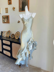 LIZAKOSHT - Elegant Spaghetti Straps Sweetheart Vintage Grey Prom Dress with Irregular Ruffles Evening Birthday Party Dress Robe Soir