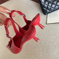 LIZAKOSHT - Spring Brown Fashion Slingbacks Thin Low Heels Elegant Butterfly-knot Buckle Strap Woman Pumps Party Wedding Shoe
