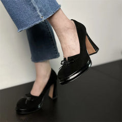 LIZAKOSHT - Butterfly Knot Square Toe High Heels Women Pumps Solid Color Slip On Shallow Sandals Western Fashion Concise Office Ladies Shoes