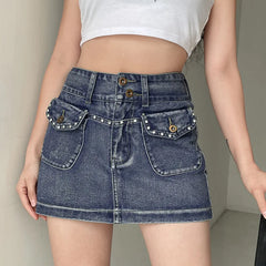 LIZAKOSHT High Street Vintage Pocket Diamonds Mini Denim Skirt Women High Waist Slim A-Line Short Skirt q659