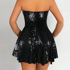 LIZAKOSHT - Spring Sexy Glitter Sequins Shiny Club Party Dress Women Elegant Strapless Hollow A-Line Dress Summer Backless Zipper Mini Dress