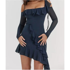 LIZAKOSHT - Women Ruffles Asymmetric Hem Mini Party Robe Sexy Irregular Wood ears Slash Collar Off Shoulder Full Sleeve Mesh Dress