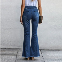 LIZAKOSHT - Women Vintage Tassel Solid Full Length Pants Hole Jeans Flared Pant Casual Elastic Waist Slim Loose Office Lady Denim Trousers