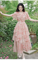 LIZAKOSHT  -  runway designer pink floral pattern buttons ruffles midi dress irregular lace up vestidos vintage french retro clothing