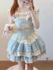 LIZAKOSHT  -  Japanese cute layer cake Lolita dress Blue sweet little girl heavy fluffy short skirt
