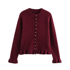 LIZAKOSHT  -  Trendy O-neck Lace Hem Cardigan Knit Top for Women Single-breasted Long Sleeves Coat Sweater Mujer Y2k Clothes Short Jacket New