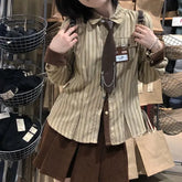 LIZAKOSHT - Japan JK Suit Preppy Striped Shirt Oversized Vintage Women'S Blouse With Ties Long Sleeve Soft Girl Uniform School Clothes