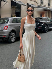 LIZAKOSHT  -  Elegant Solid Square Neck Women Halter Maxi Dress Fashion Backless Pleated Hem A-line Dresses 2024 Summer Lady Chic Party Robes