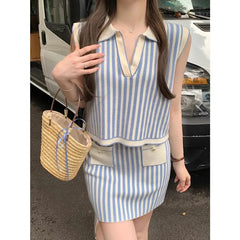 LIZAKOSHT - Striped Korean Brand Knitted 2 Piece Sets Sleeveless Polo Collar Short Tops Mini Skirts Suits Patchwork Blue Y2K Women Clothing