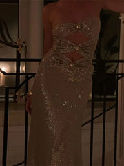 LIZAKOSHT - Strapless Hollow Out Sequined Long Dress Woman Sexy Ruffle Sleeveless Maxi Dress Lady High Street Evening Party Vestidos