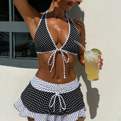 LIZAKOSHT - Summer Women Bikini Set Sexy Polka Dot Print Strap Sexy Wearing A Cover Skirt Three Piece Vacation Cute Girl Swimsuit Set