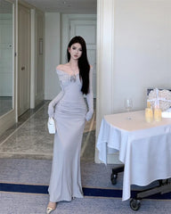 Lizakosht Sexy Women Off Shoulder Evening Party Dress  Elegant Long Sleeve Bodycon Lady Solid Maxi Dresses French Floral Vestidos Robe