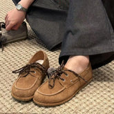 LIZAKOSHT - Spring Autumn Round Toe Women Loafers New Cow Suede Lace Up Flat Shoes Casual Versatile Doudou Shoes Soft Soled Lady Shoes