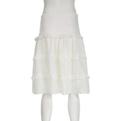 LIZAKOSHT - Skirts Jacquard Ruffle Tie Up Long Skirt White A-Line Skirts Casual Chic Elegant High Waist Holiday Party New