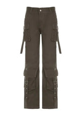 LIZAKOSHT - Y2K Denim Flare Pants Women Pockets Patchwork Straight Cargo Low Waist Trousers Vintage Casual Gray Streetwear Jeans