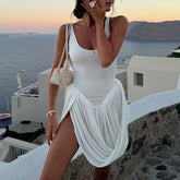 LIZAKOSHT - Irregular Hem Design Party Holiday Mini Chic Dresses For Women Solid Color U Neck Straps Draped Casual Sexy Tank Dress