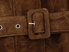 LIZAKOSHT - Brown Faux Suede Women Short Coat Stand Collar Zip Front Long Sleeve Waist Belt Buckle Loose Fit Vintage Retro Street Outerwear