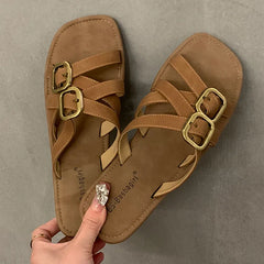 LIZAKOSHT - Summer New Brand Women Slipper Fashion Narrow Band Buckle Ladies Casual Slides Shoes Soft Flat Heel Outdoor Sand New Woman