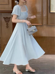 LIZAKOSHT - Midi Dress Women Elegant Summer New Fashion Evening Party Lady Vestidos Vintage Lace Up Dresses Female Korean Slim Clothes