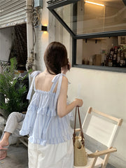 LIZAKOSHT - Women's Off-sholuder Sleeveless Straps Lace-up Loose Striped Camisole Summer Seaside Resort Style Suspender Tops Female Clothing