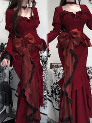 LIZAKOSHT  -  Gothic French Hepburn Style Retro Velvet Dress for Women's New Spring Design Y2K Dark Vintage Punk High Waist Long Dresses