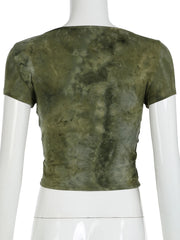 LIZAKOSHT - Grunge Fairycore Tie Dye Print Hollow Out T Shirt Slim Square Collar Short Sleeve Tees Women Summer Streetwear Lady