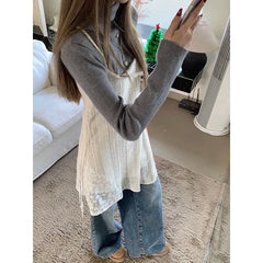 LIZAKOSHT - Spring New Korean Hollow Loose Casual Asymmetric Lace Sling Dress Women + Solid Color Long-sleeved T-shirt Two-piece Suit