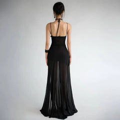 LIZAKOSHT - Drawstring Split Grommet Lace Up See Through Mesh Patchwork Maxi Dress Women Spaghetti Straps Ruffles Backless Party Clubwear