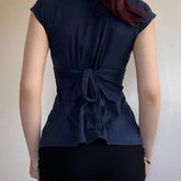 LIZAKOSHT - Bow Tie V Neck Short Sleeve T Shirts Women Clothing Summer Girls Tops