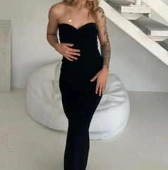 LIZAKOSHT - Women Back Slit Off Shoulder Midi Long Tube top Package Hips Party Robe Sexy Bow Chest Knitted Strapless Dress