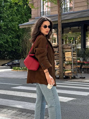 LIZAKOSHT  -  Women Vintage Loose Brown Suede Jacket Fashion Lapel Long Sleeves Single Breasted Coat Spring Autumn Female Street Outerwear