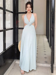 LIZAKOSHT - Summer Sexy Hollow Out Women Long Dress Vintage V-neck Female Halter Clothing New Beach Style Backless Vestidos Robe
