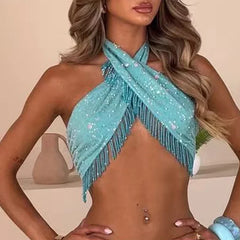 LIZAKOSHT - Sexy Sequins Tassel Skirts Set Women Irregular Halter Backless Sleeveless Crop Tops Solid Mini Skirt 2025 Beach Lady Suit New