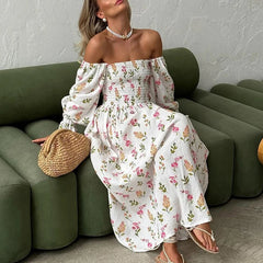 LIZAKOSHT - Casual Pleats Long Dress Autumn Sexy Off Shoulder Lantern Sleeve Dress Women Fashion Floral Print Split Holiday Dress Mujer