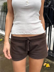 LIZAKOSHT - Brown Cotton Drawstring Short Pants Women Summer Simple Basic Straight-leg Shorts Sweet Preppy Style Sport Sweatshorts Y2K
