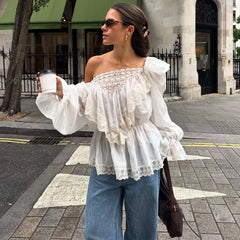 LIZAKOSHT - Sexy Off-Shoulder Lace Patchwork T-Shirt Top Women Lantern Sleeve Fashion Casual Solid Female T-shirt Top Streetwear
