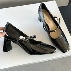 LIZAKOSHT  -  Fashion Chunky Mary Jane Shoe Patent Leather Elegant Dress Shoes Pearl Buckle Comfort Spring Square Toe High Heels Female Pumps