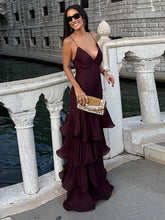 LIZAKOSHT - Sexy Solid Ruffles Sling Dress Women Sleeveless Backless Empire V-neck Long Party Dresses Female Spring Chic Lady A-line Robes